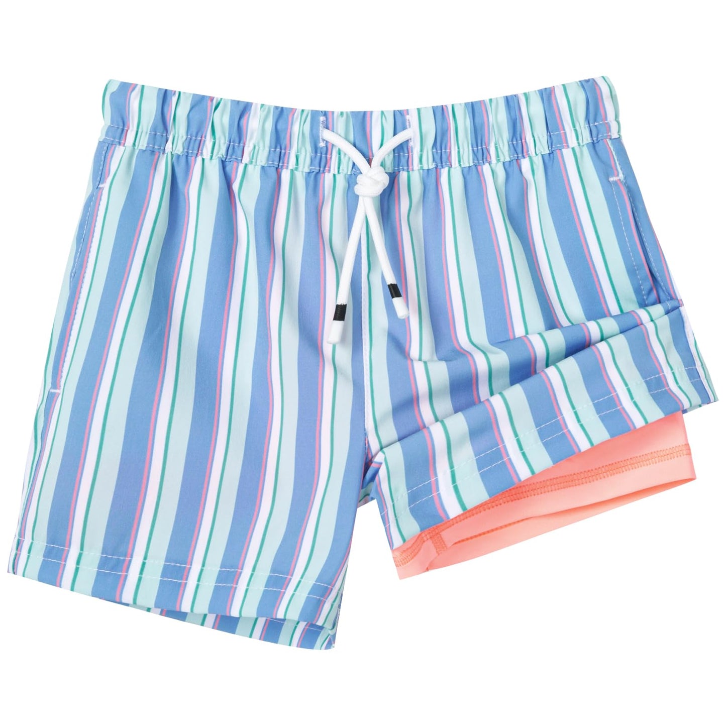SURF CUZ Boys Swim Trunks with Boxer Brief Liner 2 in 1 Toddler Stretch Swimsuit Shorts Quick Dry Swimming Bathing Suit Blue Orange Stripes 10/12