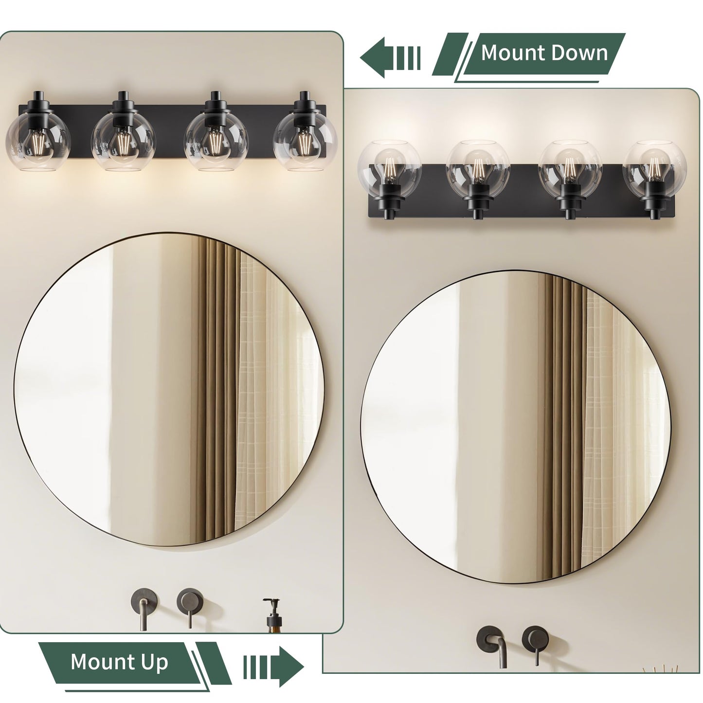 Espird Bathroom Light Fixtures-Matte Black Vanity Lights for Bathroom, Modern Black Vanity Lights 4-Light Bathrooms Lighting Fixtures Over Mirror with Clear Glass Shade