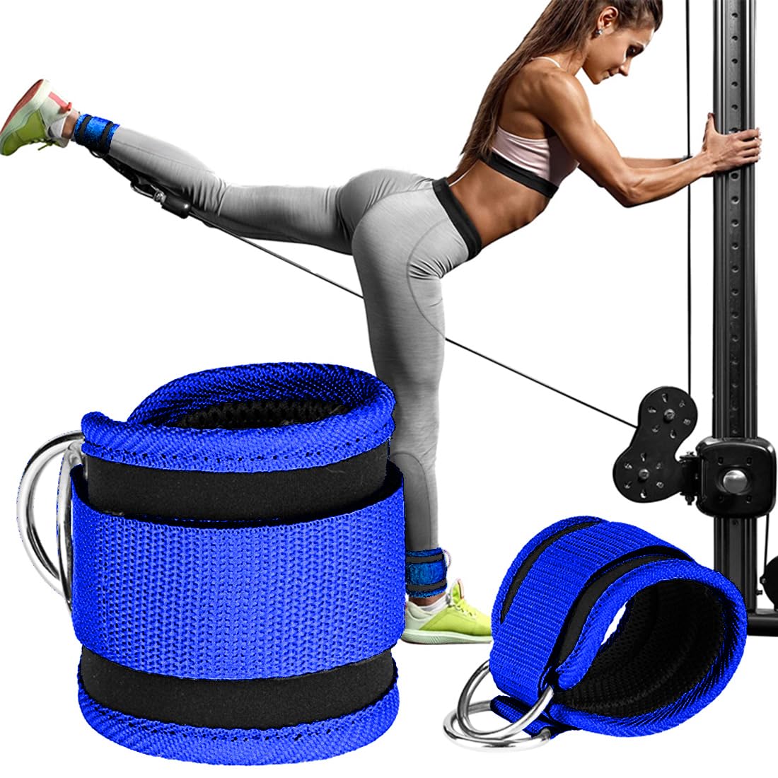 EastyGold Ankle Straps Ankle Bands Wrist Cuffs Padded Straps Adjustable Fitness Glute Kickback D-Ring for Cable Machine Gym Foot Leg Training Brace Support 1 Pair (Blue)