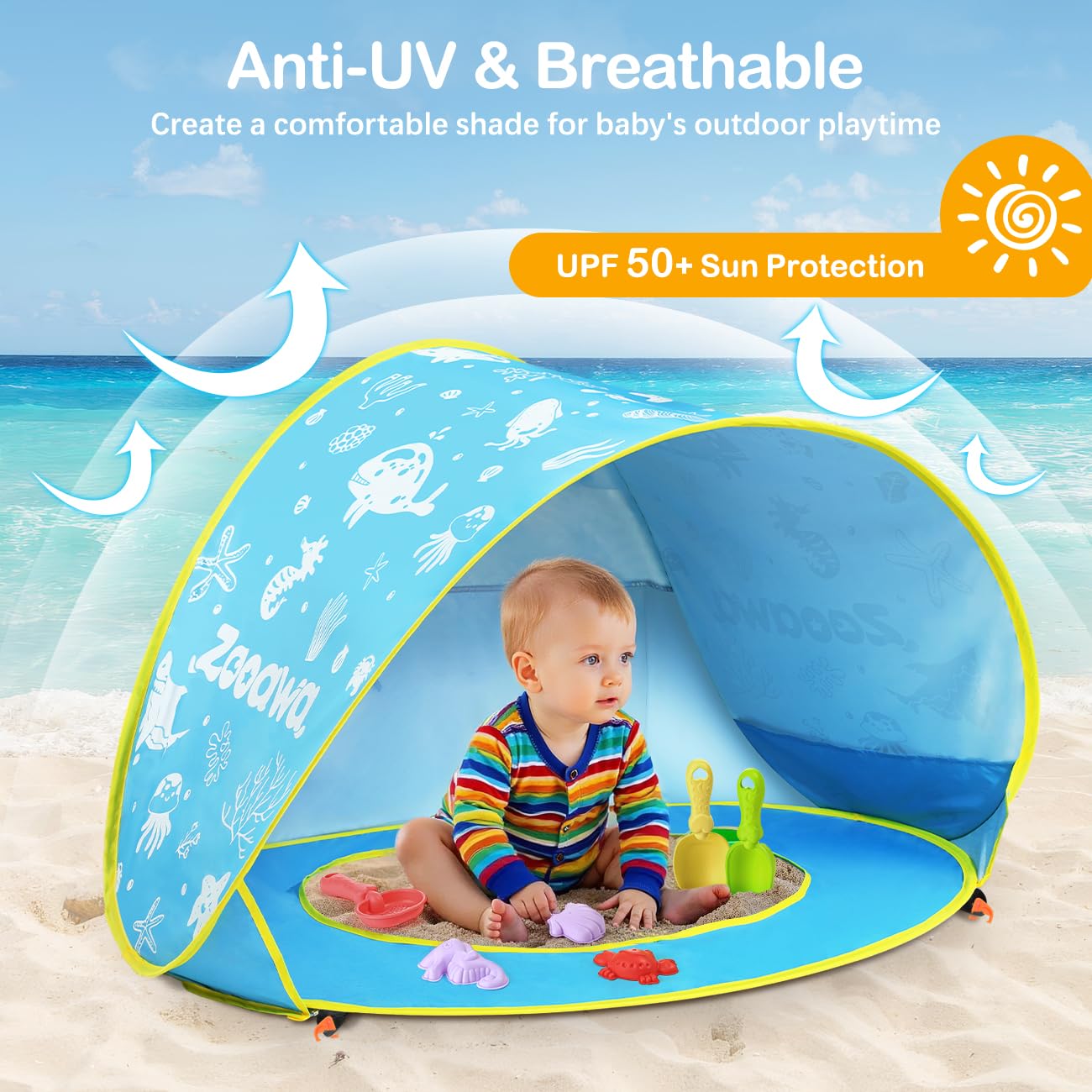 Zooawa Baby Beach Tent, Pop Up Beach Tent Sun Shade for Beach, Portable Shade Pool UV Protection Sun Shelter for Infant with Beach Sand Toys Set, Blue