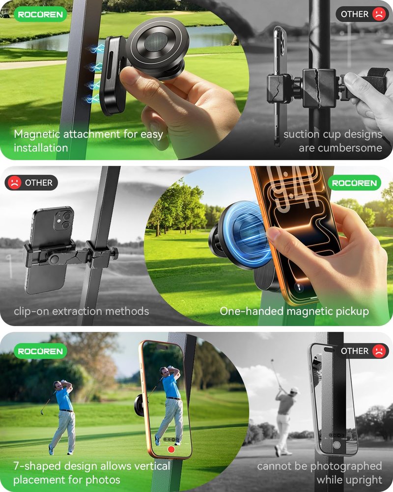 Rocoren Magnetic Golf Cart Phone Holder, Phone Mount Compatible with MagSafe iPhone 17-12, Golf Cart Accessories for EZGO, Club Car, Yamaha, Icon, Golf Gifts for Men Women Him Birthday Valentines Day
