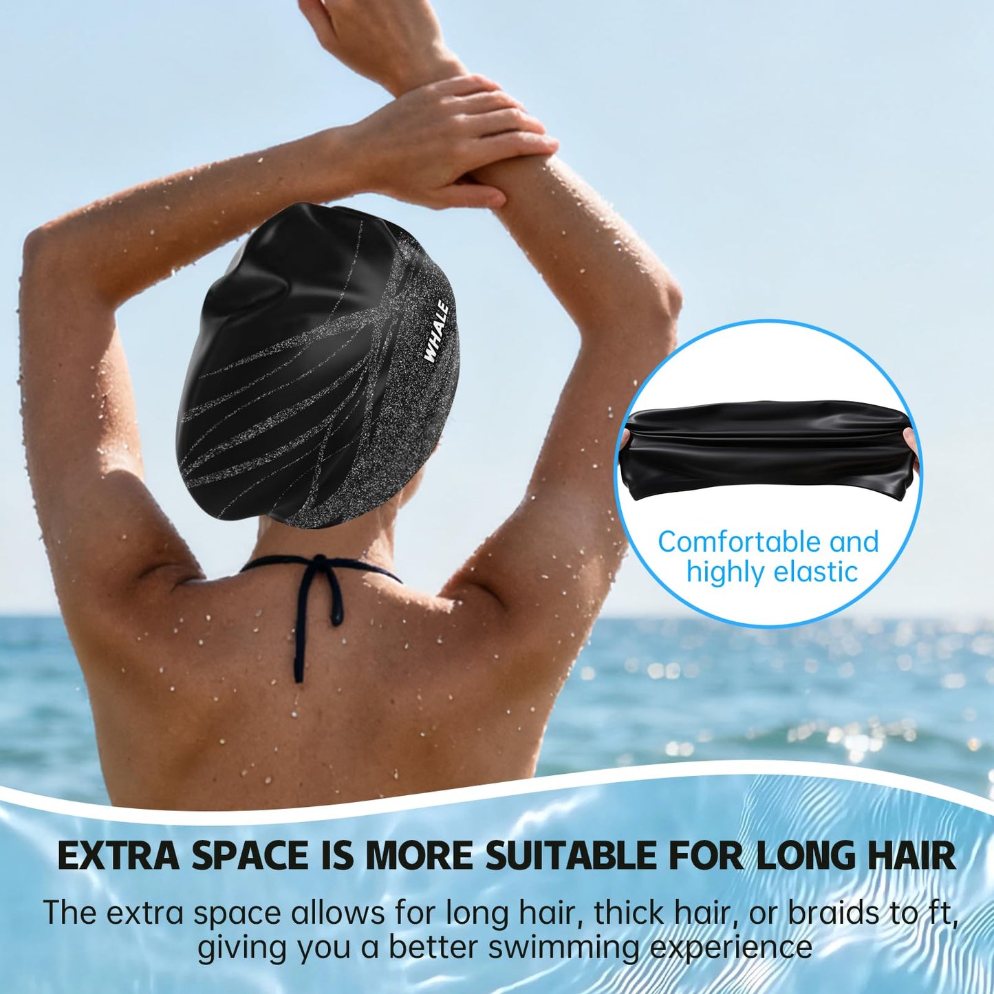 WHALE Extra Large Swim Cap Designed for Men and Women with Thick, Long Hair, Hair Extensions Or Afro-Textured Hair Long-Hair Swim Cap Highly Waterproof to Keep Hair Dry (Black)