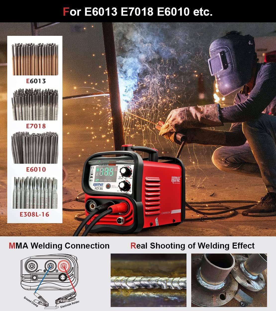 HONE MIG Welder Machine 110V,135A Flux Core Welder 3 in 1 Portable Welder,MIG/Stick Welder/Lift TIG Welding Machine with Large LED Display, Gasless Wire Welder with Flux Core Wire
