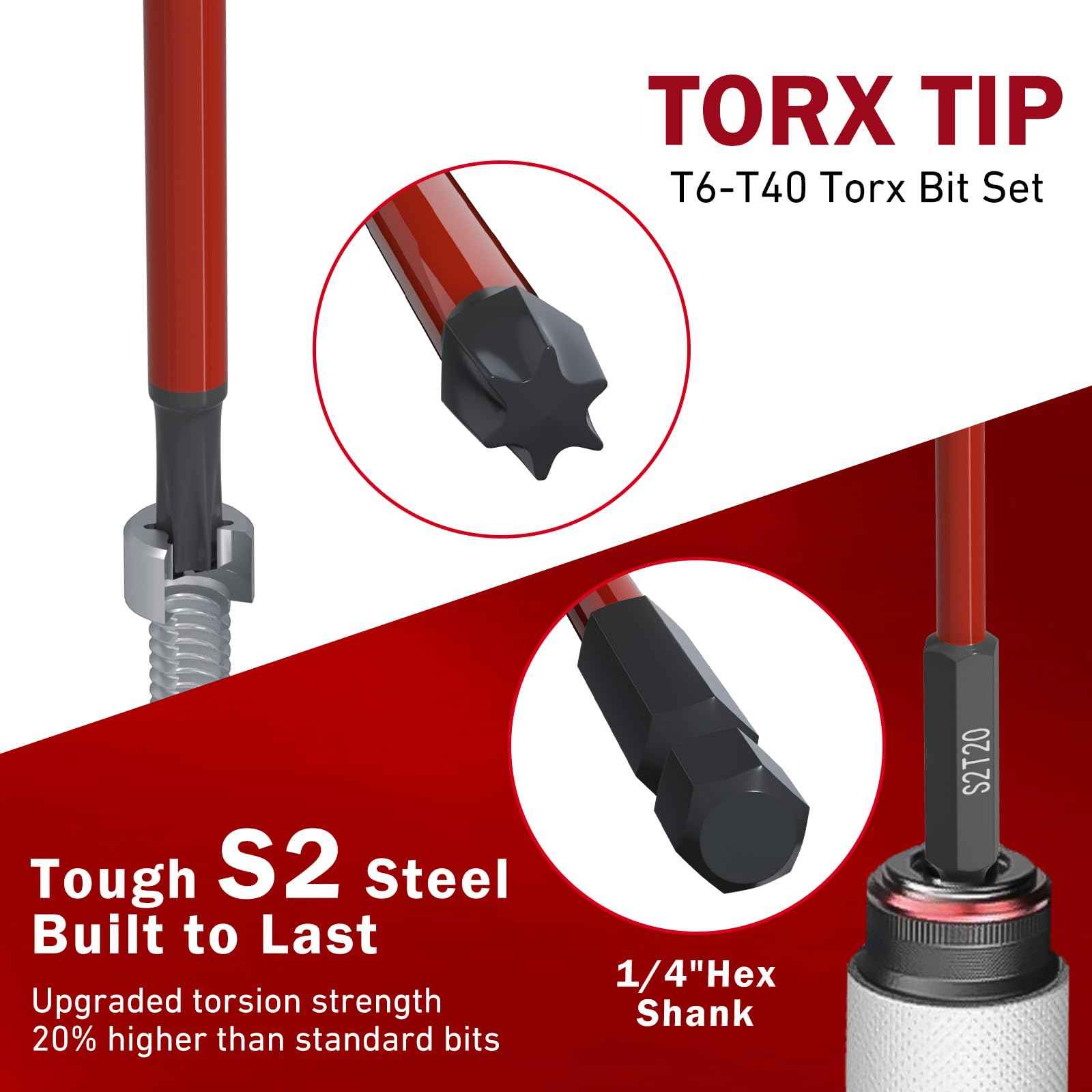 XOOL 13-Piece Long Torx Bit Set, 6-Inch (150mm), T6-T40, Magnetic S2 Steel, 1/4" Hex Shank, CNC Precision Tips for Impact Drivers, Drills, and Screwdrivers