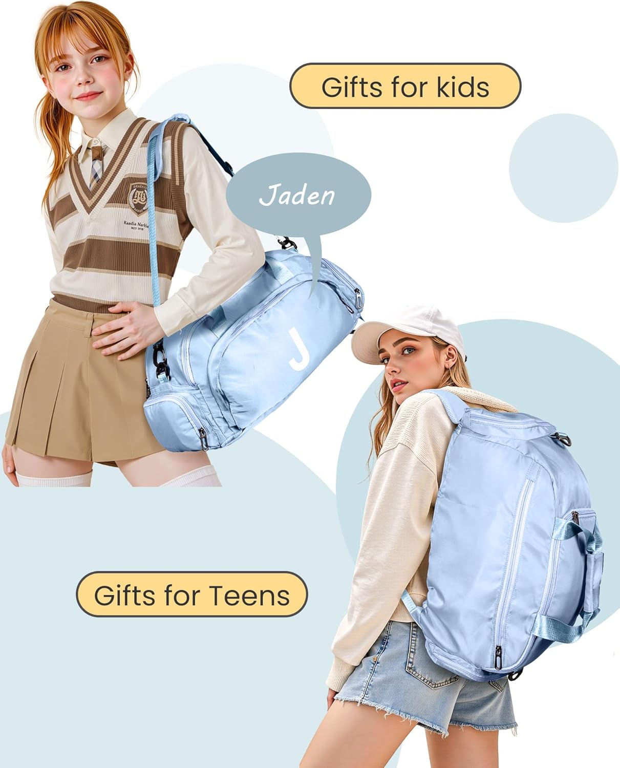 Skiennix Initial Gym Bag - Stylish Dance Bag for Girls with Shoe Compartment | Monogrammed Overnight Duffle (Letter K)