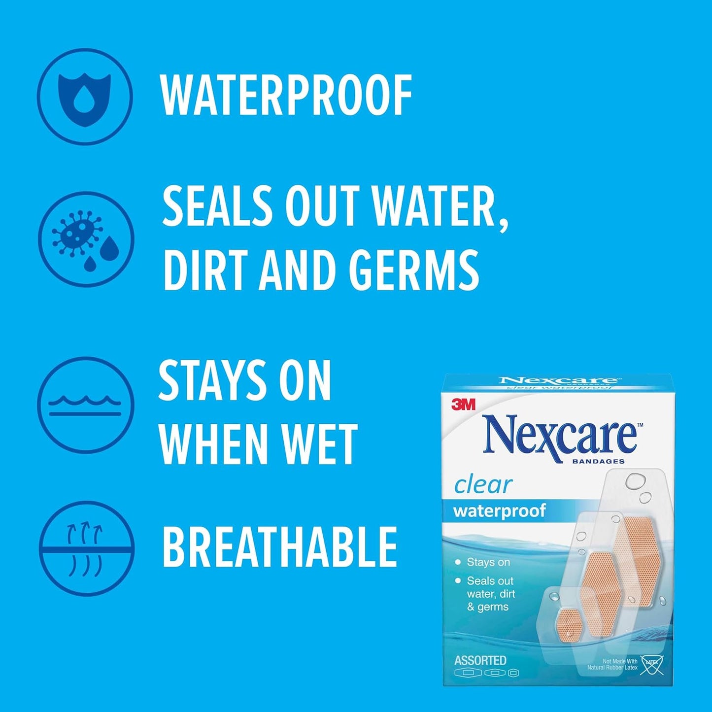Nexcare Waterproof Clear Bandages - Stays On Skin in Water | 2.38 x 3.5 in, 30 Count