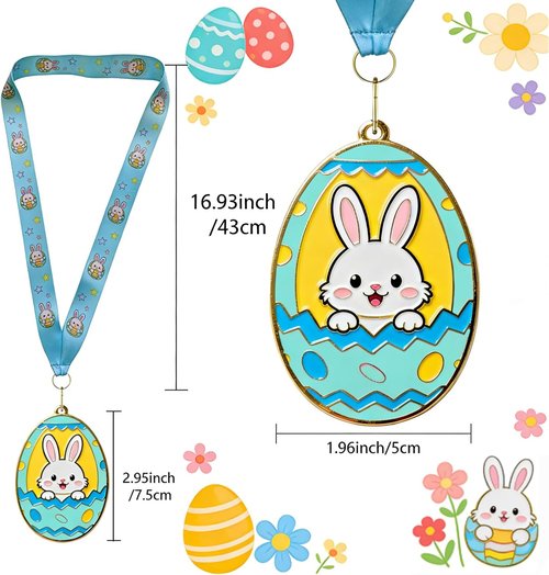 Gold Medals by Easter | 2.95-Inch Bunny Egg Shape Awards with Colorful Neck Ribbons for Egg Hunt Parties