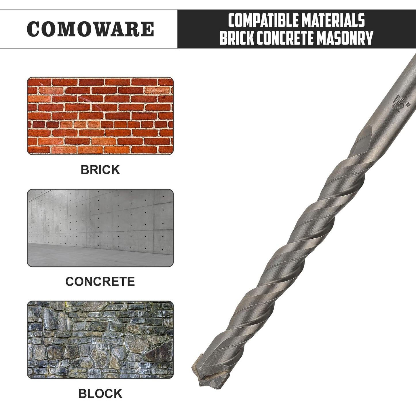 COMOWARE Concrete Drill Bit Set 7pcs, 3/16"-1/2", Masonry Drill Bit Set Carbon Steel,Carbide Tip,Triangle Shank for Brick, Masonry,Rock, Ceramic Tile, Cement Concrete