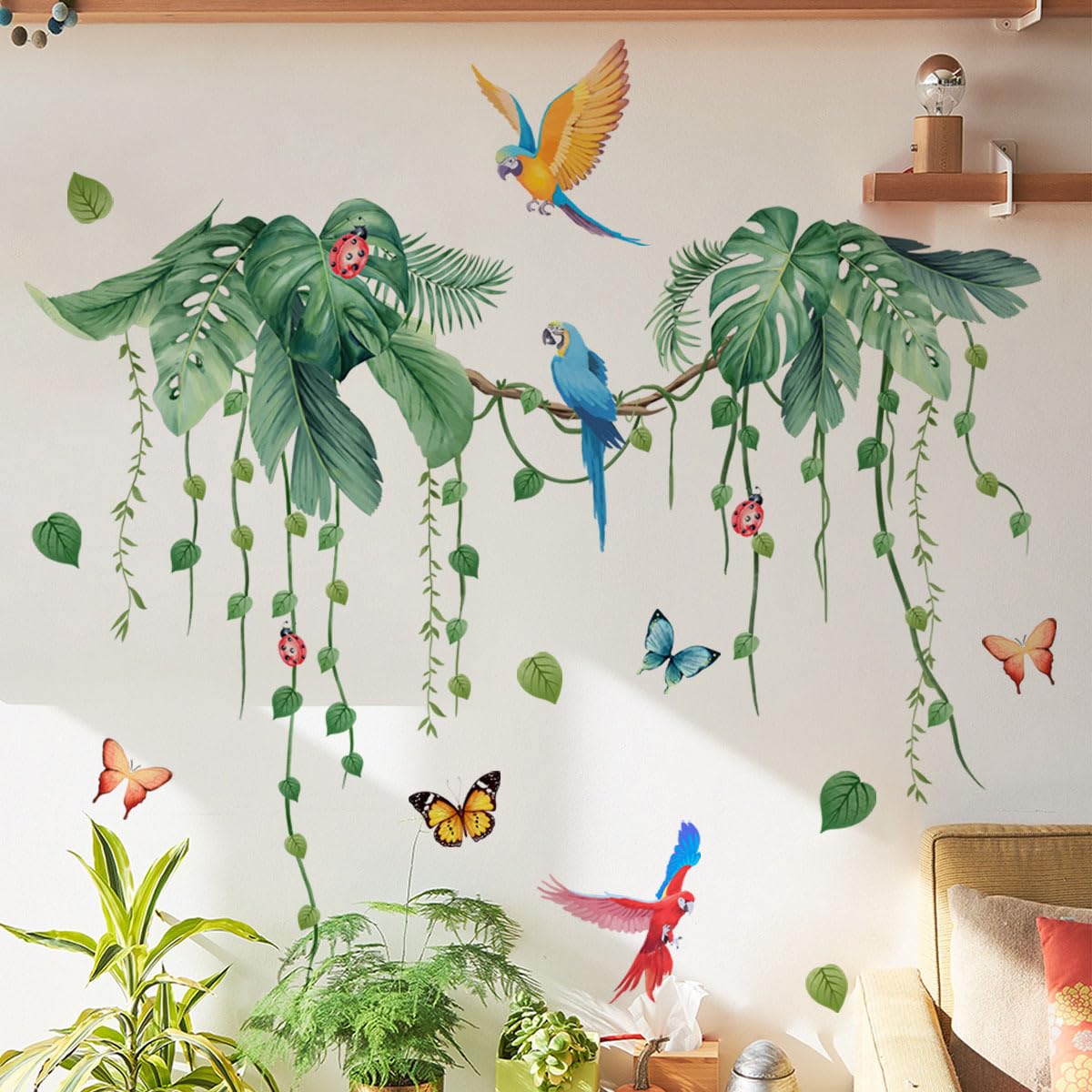 2 Sheets Jungle Wall Decals Peel and Stick Removable Vine Wall Stickers & Murals for Living Room Bedroom Vinyl Jungle Nursery Decor Tropical Wallpaper Green Plants Leaves Wall Decals with Parrot Birds