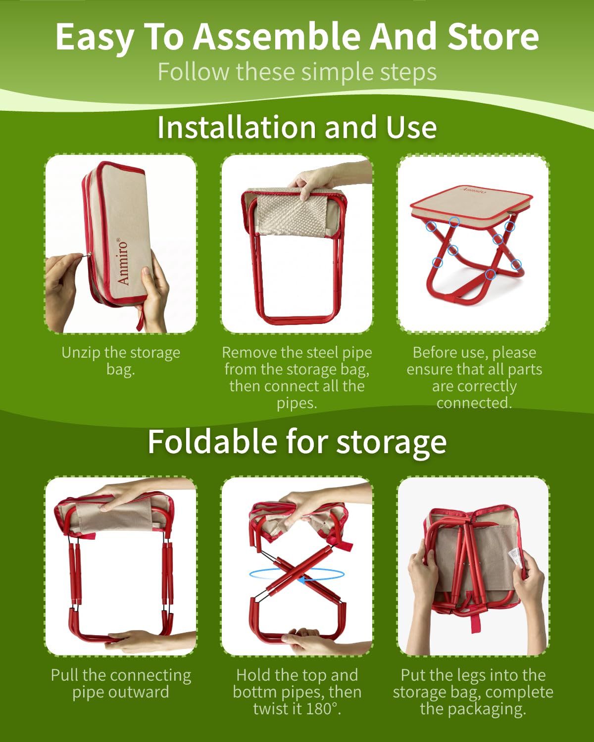 Anmiro Portable Folding Camping Stool, 12.6 Inch Lightweight Mountaineering Hiking Stool, Outdoor Beach Fishing Garden Foldable Stool with Carry Bag, Supports Up to 200LB