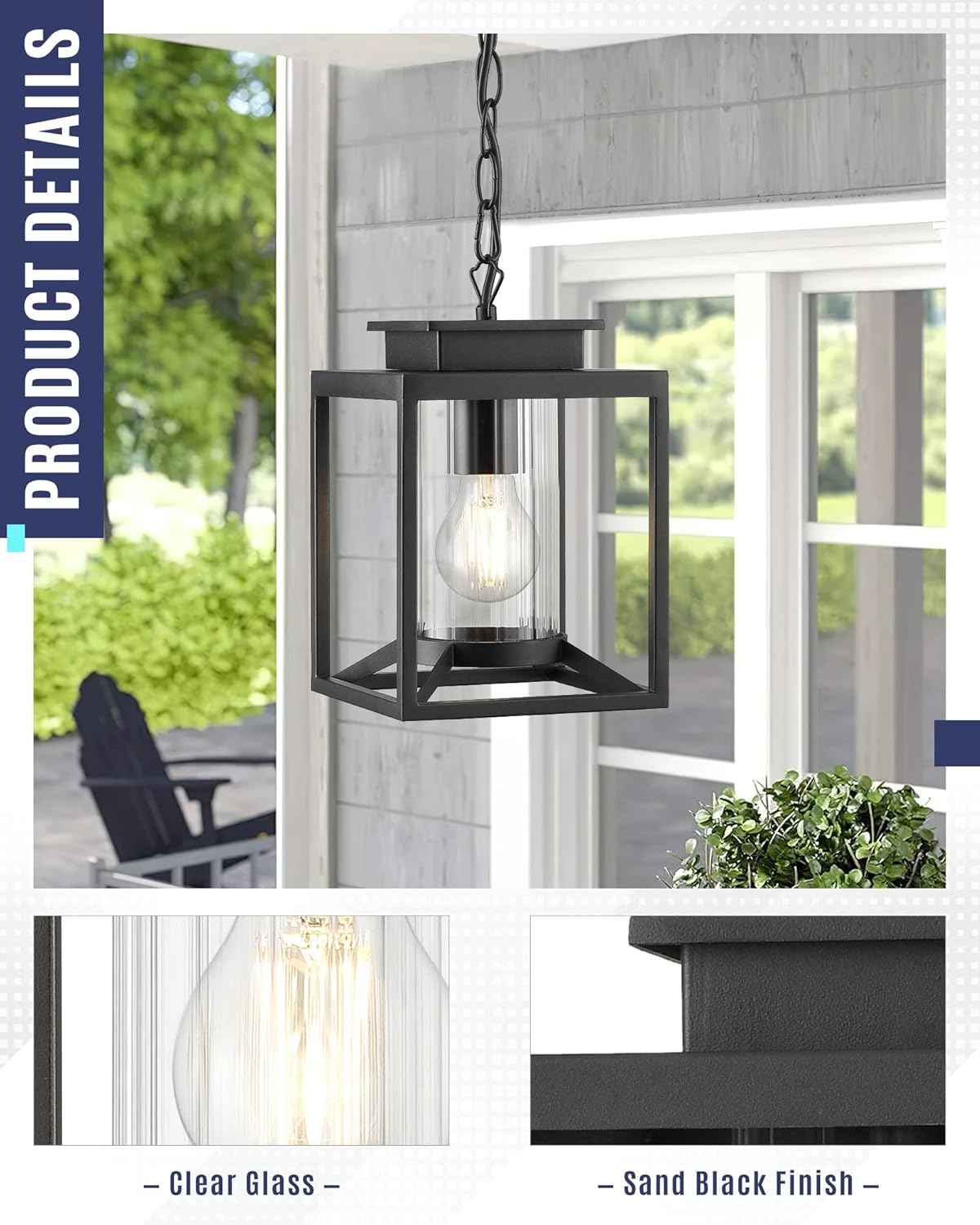 Modern Black Outdoor Pendant Light - 1-Light Hanging Lantern for Porch & Gazebo