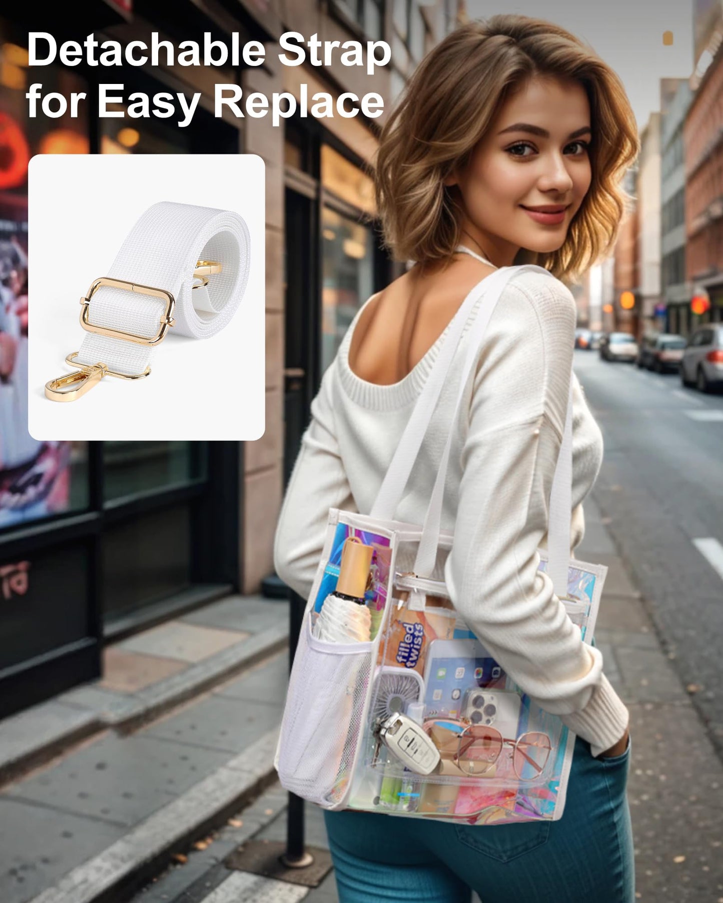 PACKISM Holographic Clear Tote Bag Stadium Approved - Clear Bag for Women 12×6×12 inch for Work Stadiums Concerts Events Quickly Pass, Iridescent White