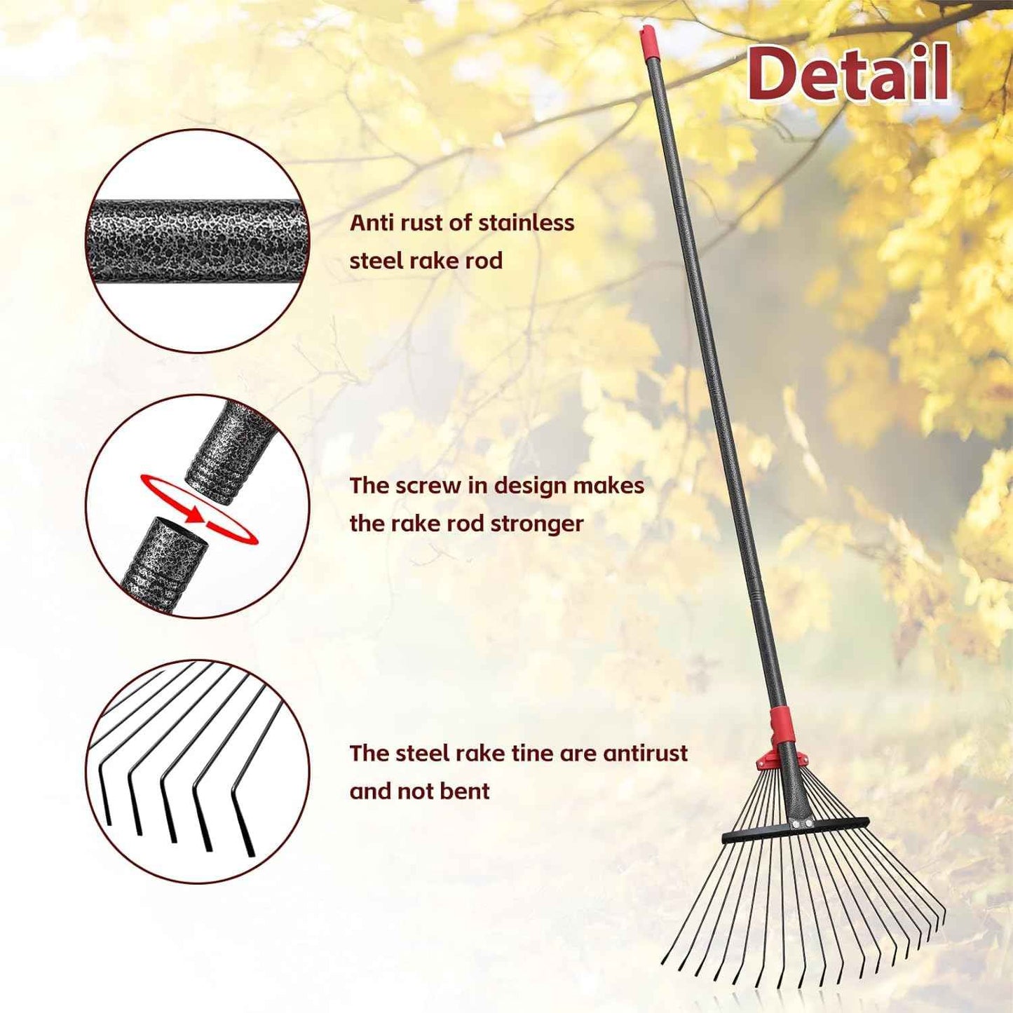 TAILERNRUYE 61 Inch Rake for Leaves , Adjustable 18 Tines with Expandable Head 9-18in Grass Rake Heavy Duty Metal Rakes for Women Children Yard Gardener Gardening Grass Debris Lawns