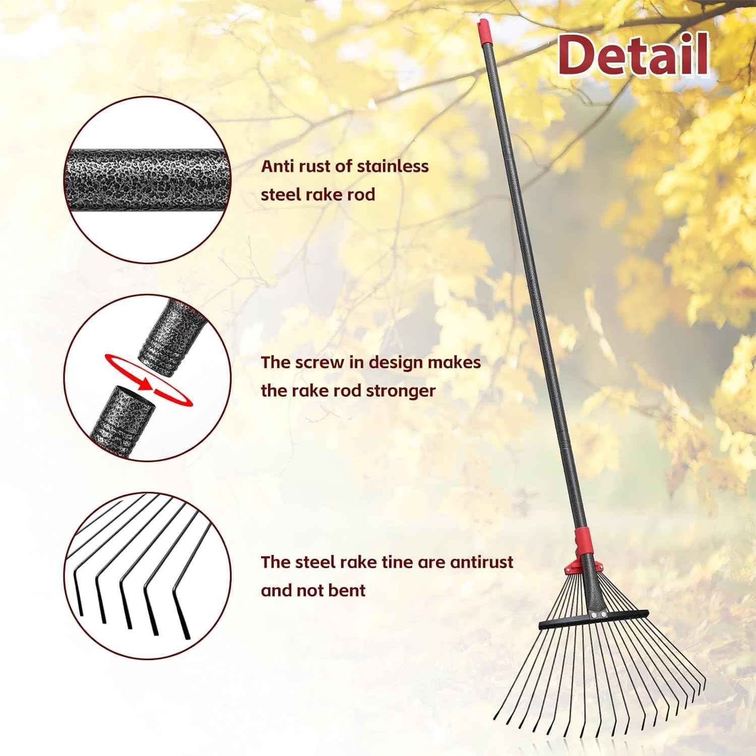 TAILERNRUYE 61 Inch Rake for Leaves , Adjustable 18 Tines with Expandable Head 9-18in Grass Rake Heavy Duty Metal Rakes for Women Children Yard Gardener Gardening Grass Debris Lawns