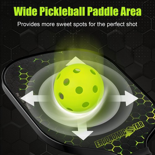 Ergonomicstar Pickleball Paddles Set of 2, T700 Carbon Fiber Face & 16mm Honeycomb Core Pickleball Paddle with 4 PickleBalls 2 Grip Tapes Carry Bag, Indoor Outdoor, Gift for Men Women(Green Texture)