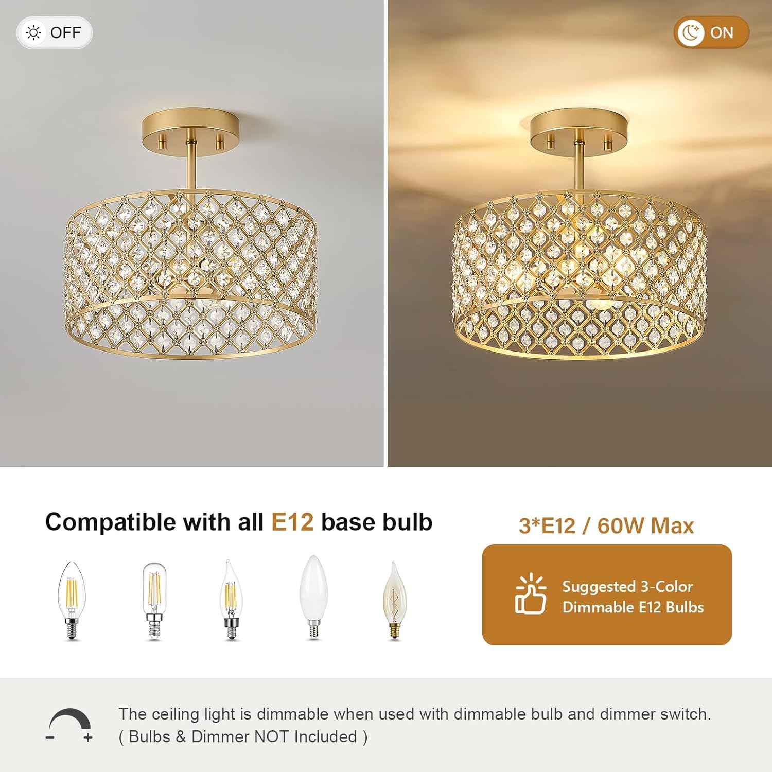 Modern Black Crystal Semi Flush Mount Ceiling Light Fixture - 11.2" Round Chandelier for Dining Room, Hallway, Kitchen & Bedroom
