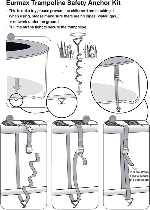 EURMAX USA Windproof Trampoline Stakes - Heavy-Duty 4-Piece Steel Anchor Kit with T-Hook & Safety Straps
