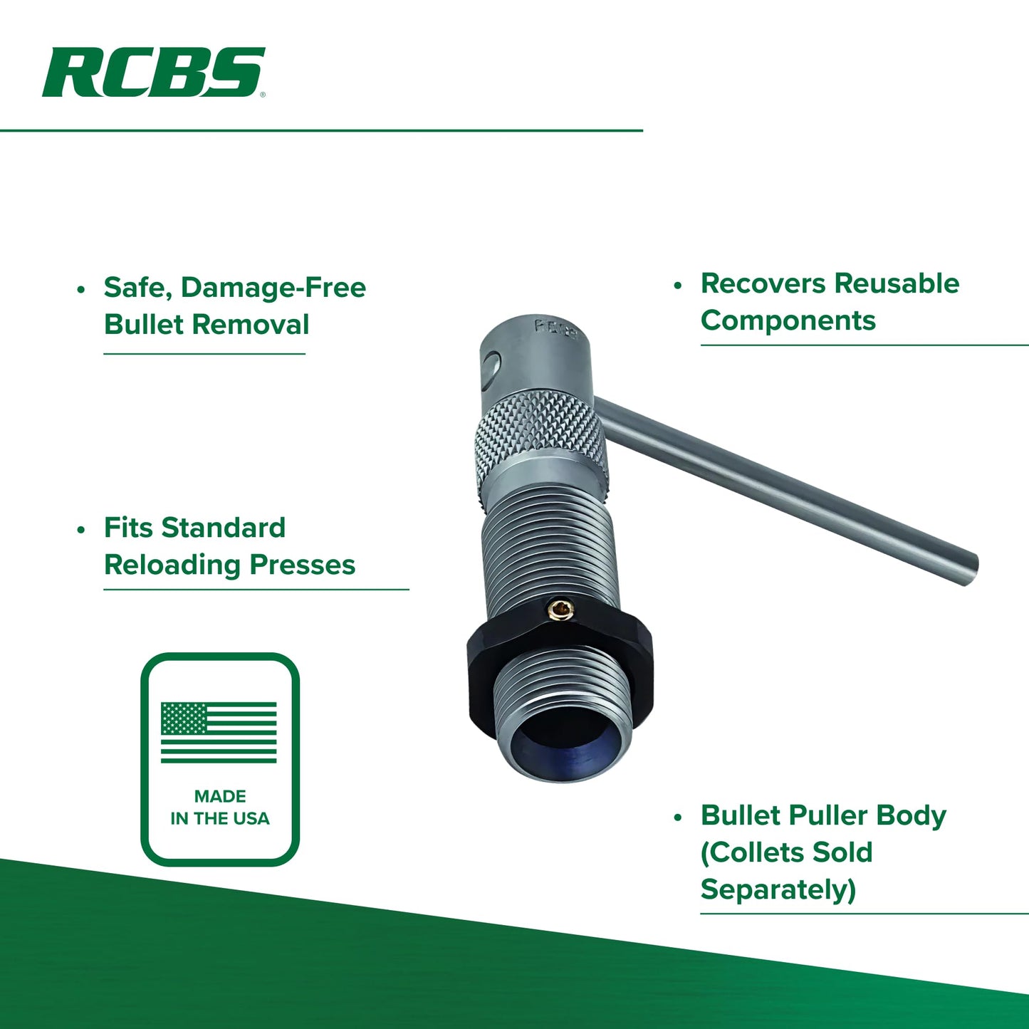RCBS Bullet Puller – Collet Style – Single Stage Press Compatible – Green