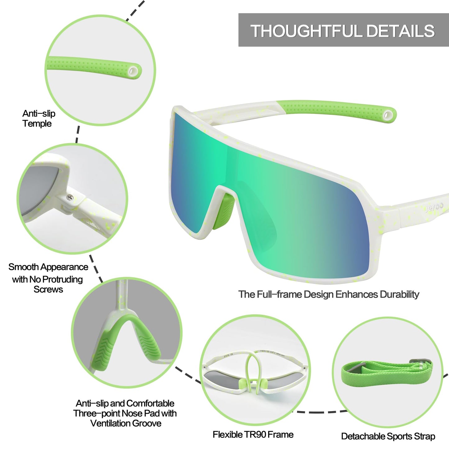 Jefoo Kids Baseball Sunglasses Polarized Sports UV400 Protection Lightweight Cycling Glasses with Strap for Boys Girls 5-10