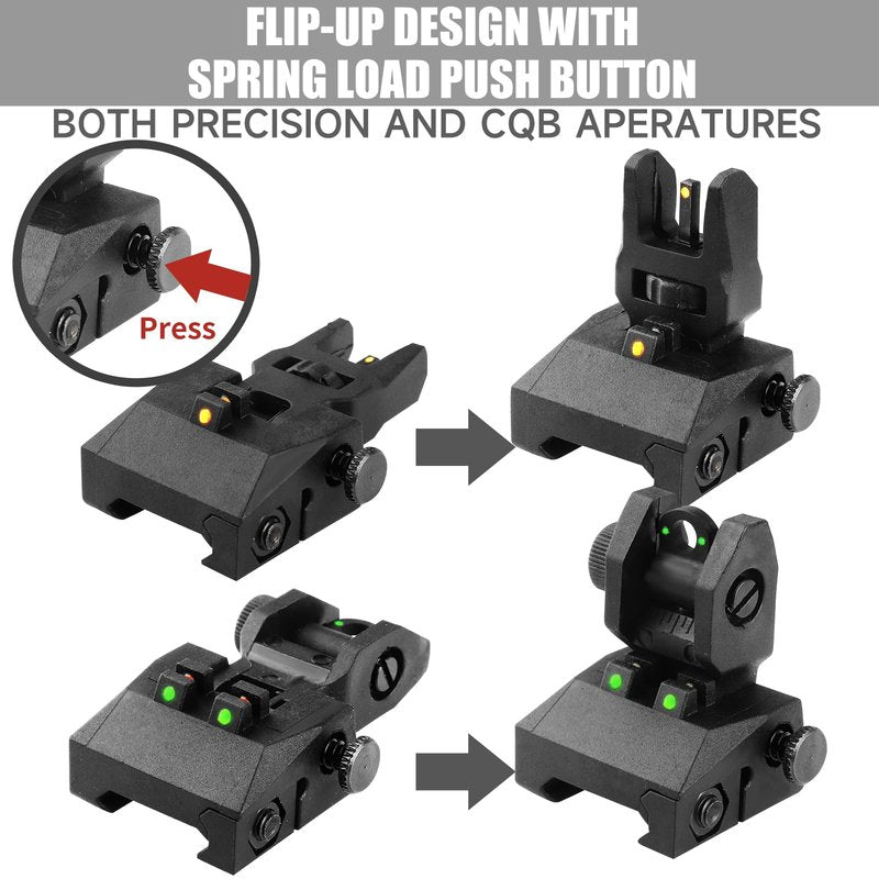 TPRCOL 2nd Flip Up Front and Rear Sights, Black, Picatinny Rail Mount with Green Red Fiber Optic Dots