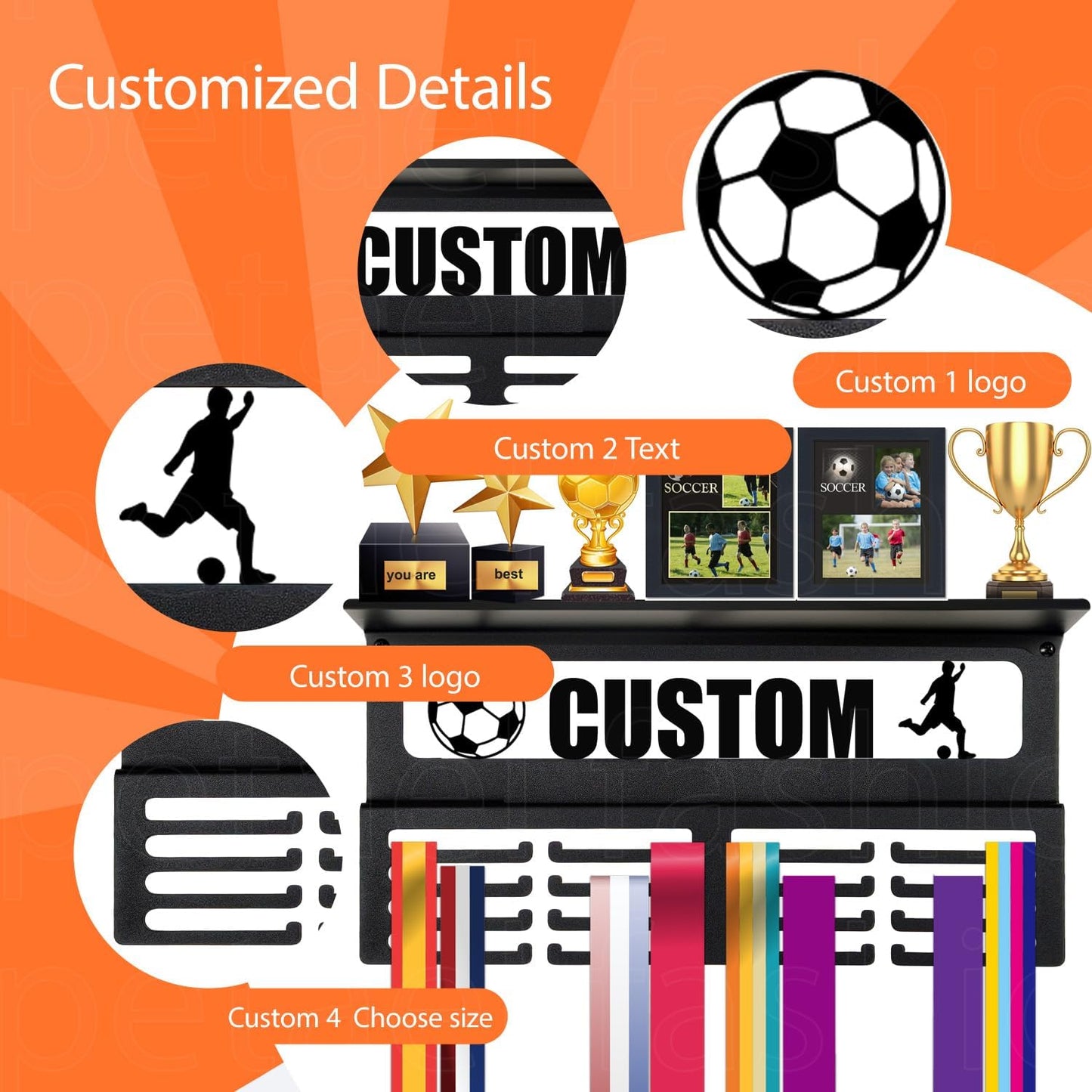 Personalized Medal Holder - Custom Name Display Rack for 63 Awards Ribbons | Metal Wall Mount Hanger for Athletes