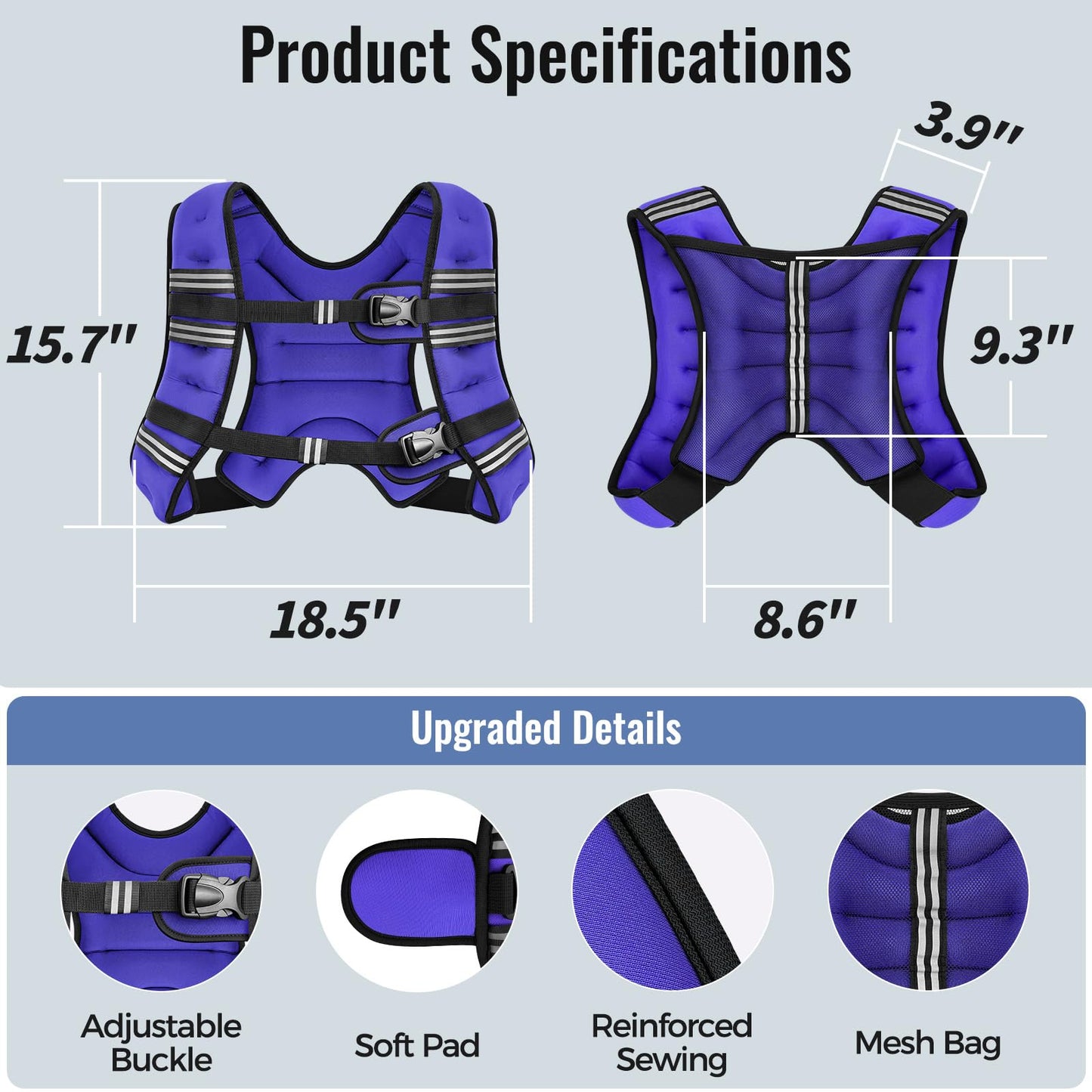 Zeerun Weighted Vest, 6lb/8lb/10lb/12lb/15lb/18lb/20lb/24lb/30lb for Men Women, Reflective Stripe Adjustable Buckle, Comfortable Durable Rucking Vest for Walking Running Strength Training, 18LBS-Purple