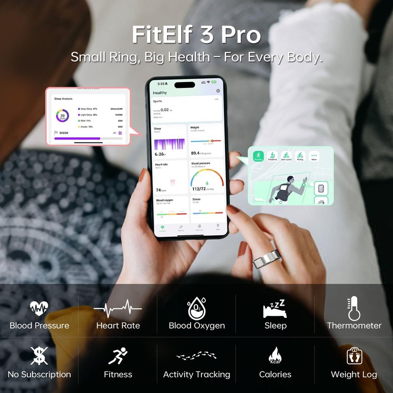 Naughtbaby FitElf 3 Pro Smart Ring Fitness Tracker, Health Sleep Tracker, Blood Pressure, Heart Rate and Oxygen Monitor Ring for Women/Men, IP68, No Subscription, 10-Day Battery Life (Silver 9)