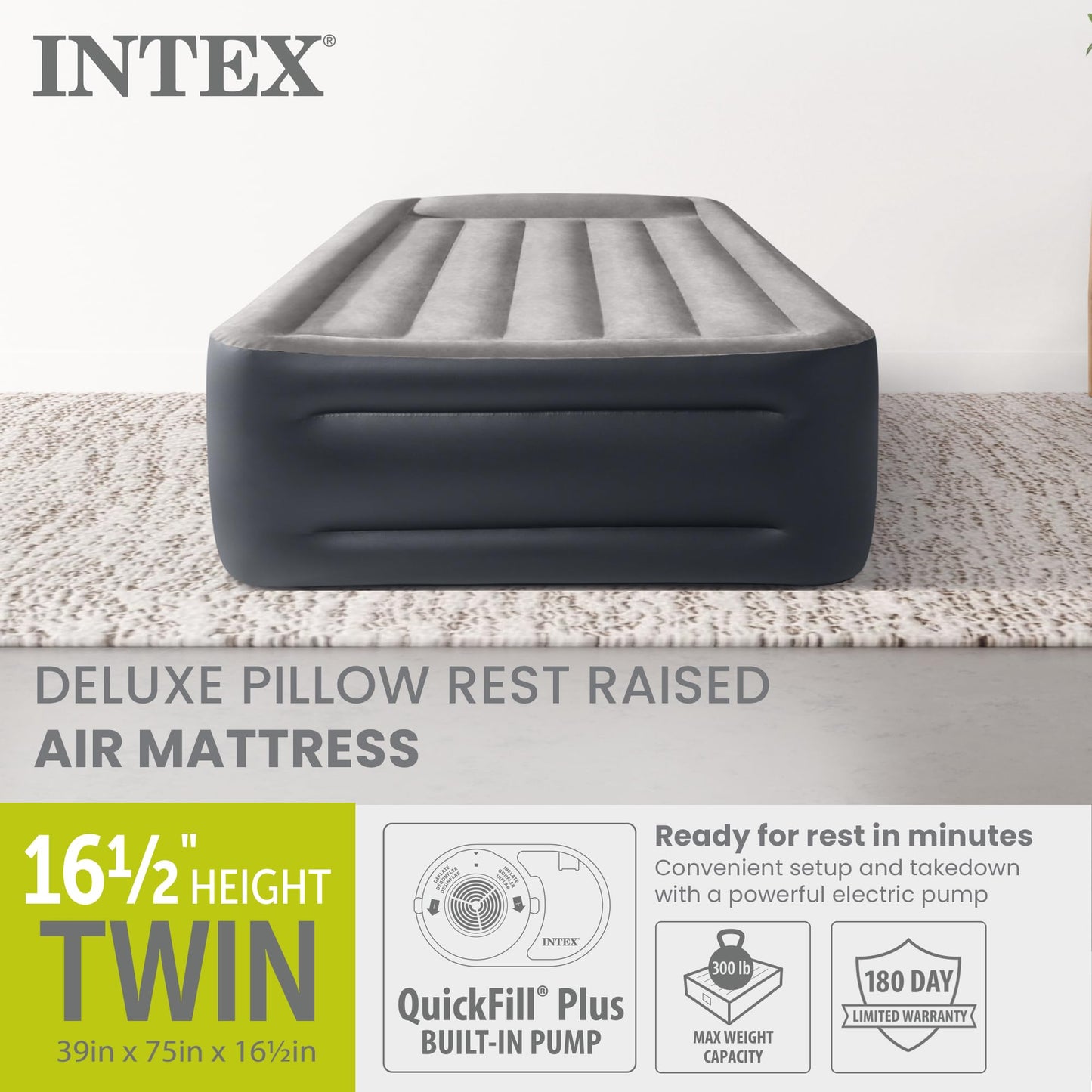 Intex 64131ED Dura-Beam Plus Deluxe Pillow Rest Air Mattress: Fiber-Tech – Twin Size – Built-in Electric Pump – 16.5in Bed Height – 300lb Weight Capacity