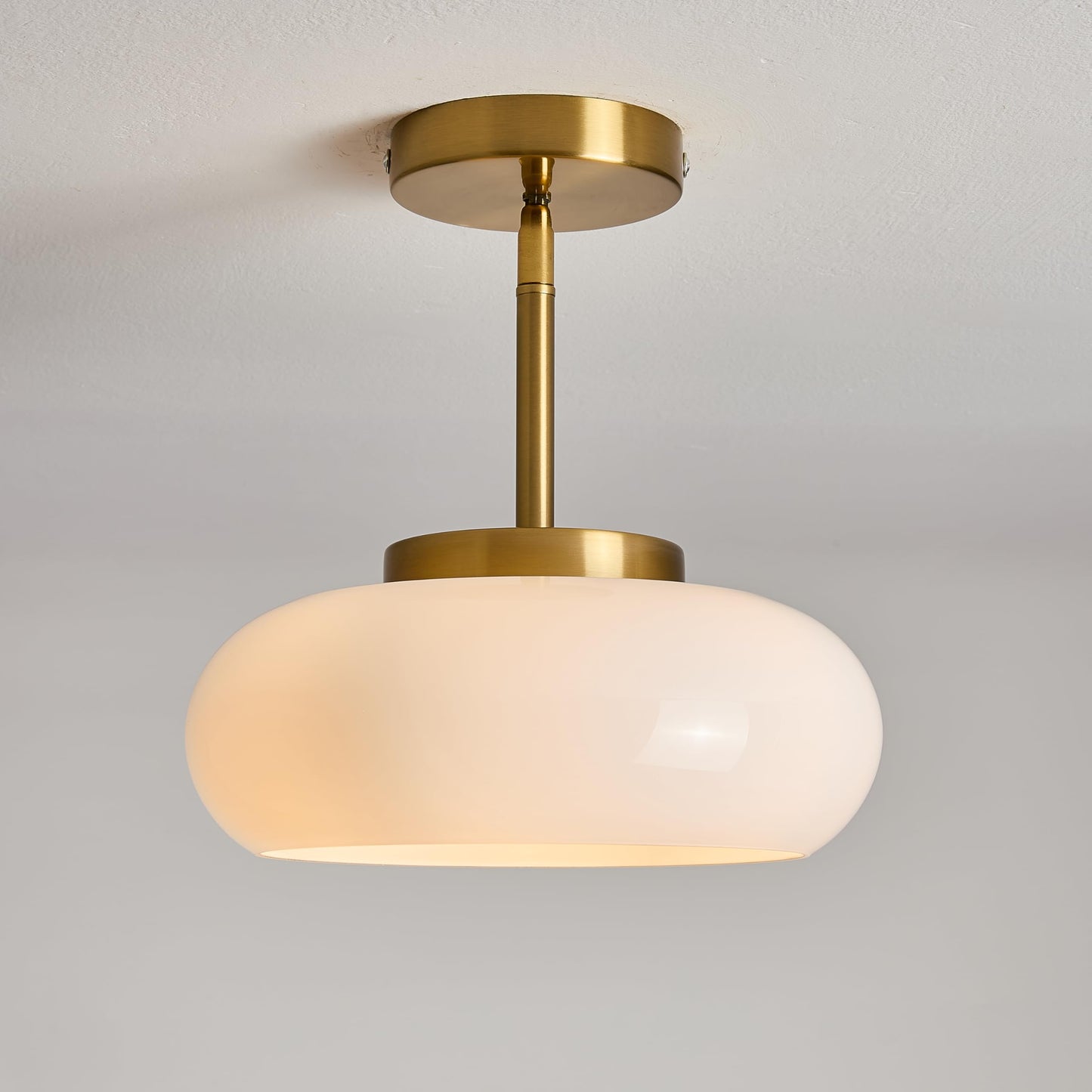 FCTWAKS 11" Modern Gold Semi Flush Mount Ceiling Light with Milk White Glass Shade, Mid Century Light Fixture for Hallway, Entryway, Dining Room, Kitchen