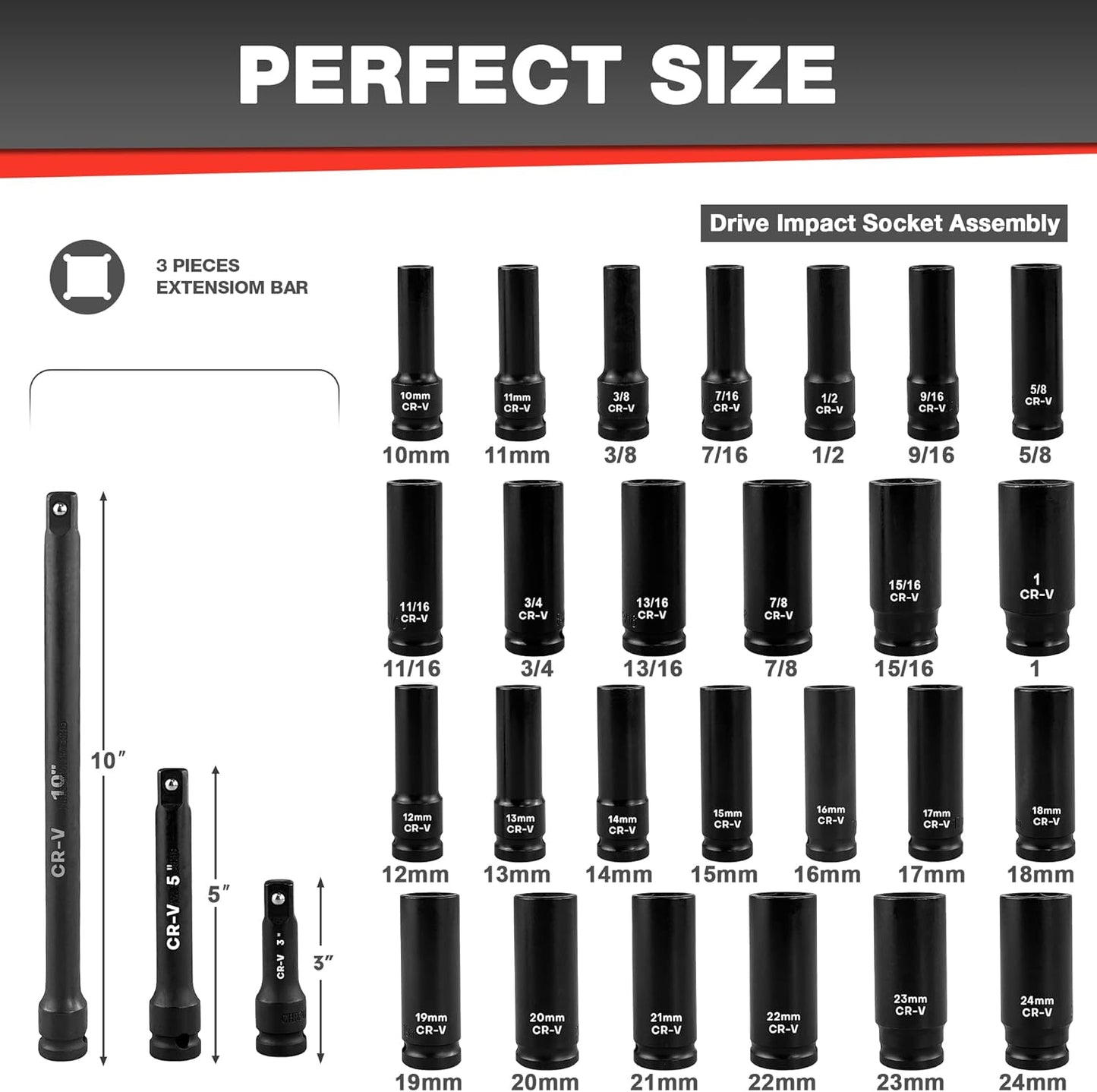 29-Piece Deep Impact Socket Set with Extensions | SAE & Metric Cr-V Steel
