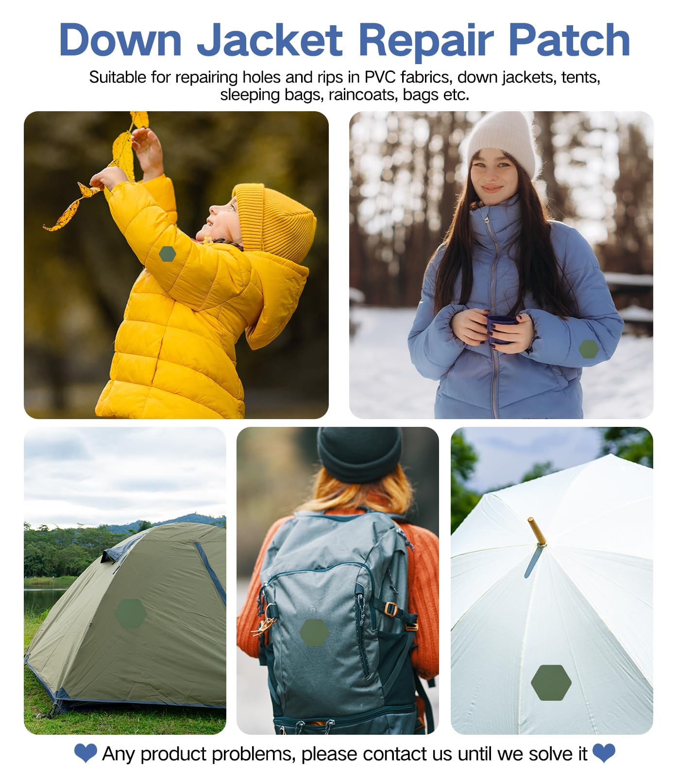 20Pcs Down Jacket Repair Patches Military Green Waterproof Self Adhesive Pre-Cut Nylon Repair Patches Kit for Jackets Coats Clothing Tents Sleeping Bags, Hexagon