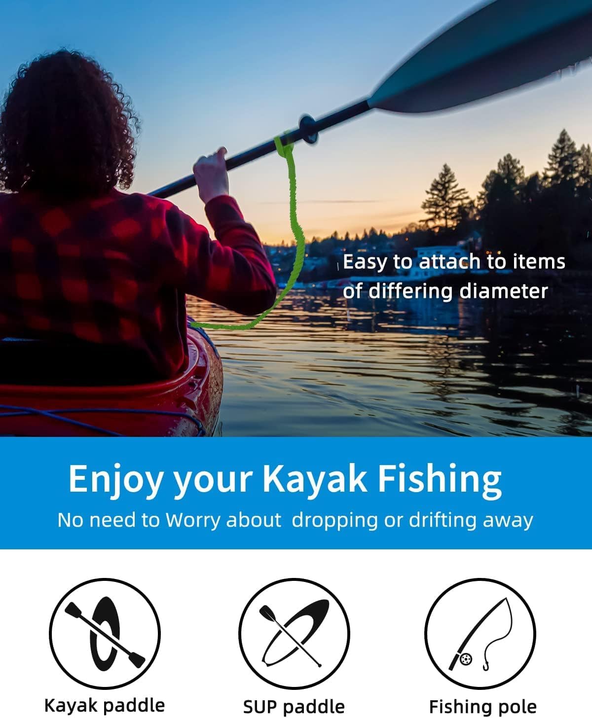 OCEANBROAD Kayak Paddle Leash - Stretchable Bungee Strap with D-Ring for SUP & Canoeing | 5-7 Feet, Lawn Green