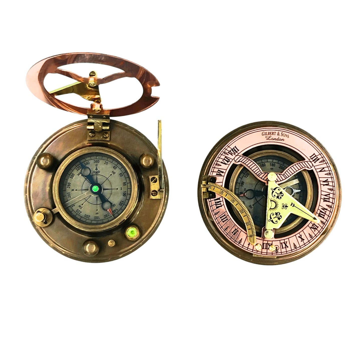 Gilbert and Sons Antique Brass Sundial Compass with Engraved Wooden Case