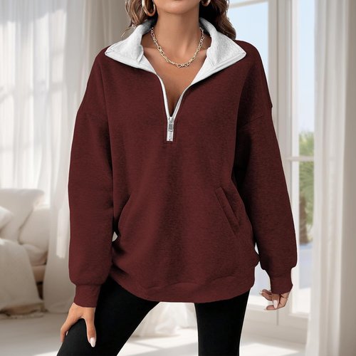 MARSVOVO Women's V-Neck Zip-Up Sweatshirt - Comfortable Loose Fit Plus Size with Pockets | Fall Essential