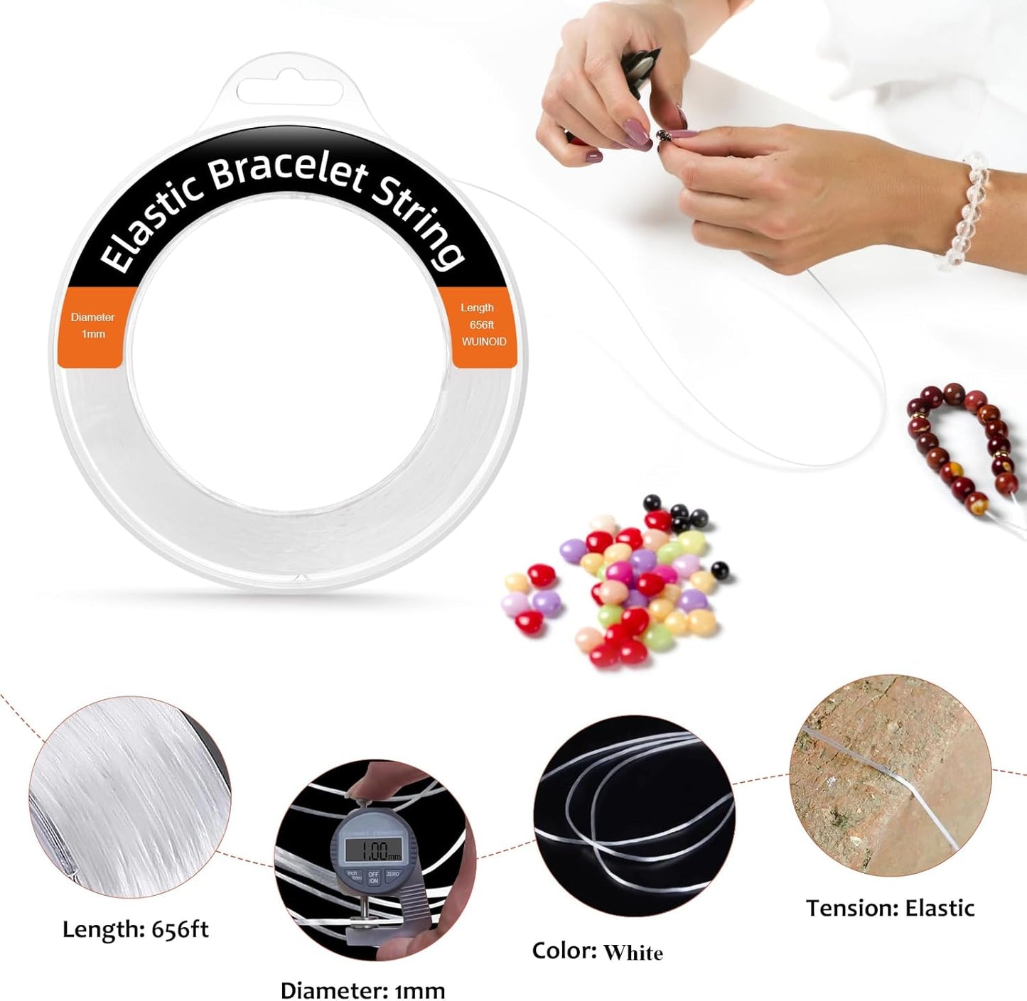 WUINOID 1mm Elastic String Cord - 656ft White Beading Thread for Jewelry Making & Crafts
