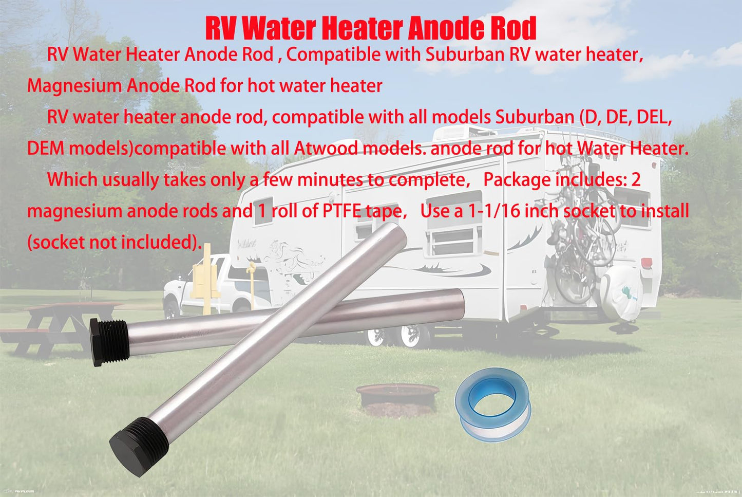 bizhala 4.5" x 1/2" NPT RV Water Heater Magnesium Anode Rod, Compatible with Atwood Heaters 11553 RV Water Heater Tank, for RV, Camper and Trailer Water Heaters