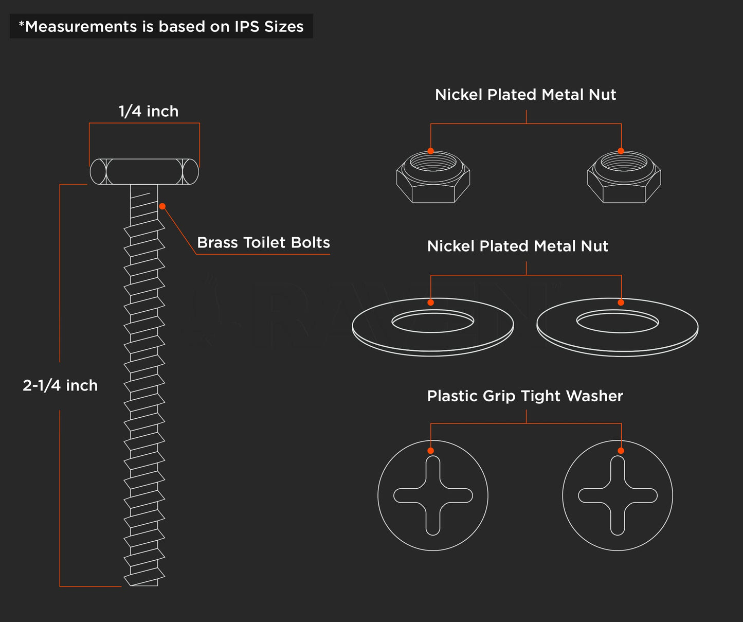 Raven KCDC-36436-200 Brass Plated Closet Bolts with Nuts and Washers For Toilets, 1/4-inch x 2-1/4 inch, Pack of 200