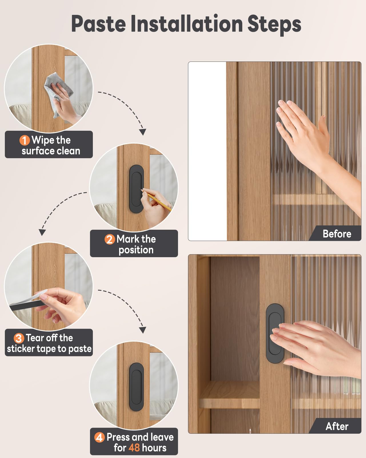 MeBantoo 2 Pack Self-Stick Door Handles, 4 Inch Aluminum Alloy Self Adhesive Flat Finger Pulls, No Drill Cabinet Knobs for Drawer, Sliding Glass/Barn/Closet/Balcony Doors (2, Black)