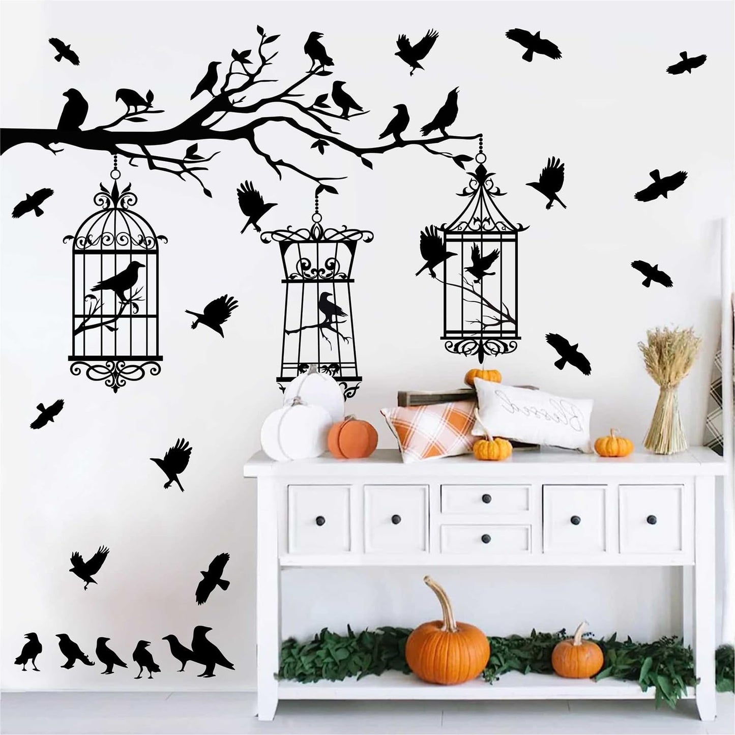 Halloween Tree Branch Wall Decals Crow Black Raven Bird Wall Decals Peel and Stick Birdcage Raven Stickers Removable Black Crows Branches Halloween Wall Stickers for Bedroom Living Room Decor