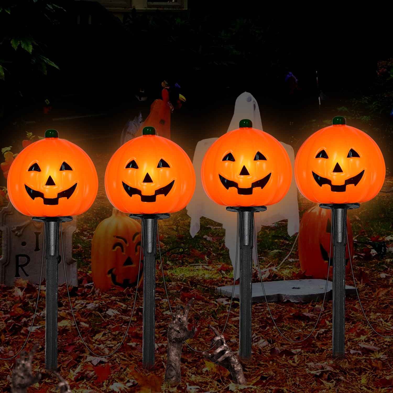 7Ft Halloween Pathway Lights Pumpkin Walkway Lights Markers Lights Plug in Waterproof with 4 Pack LED Pumpkin Path Lights, for Halloween Decorations Outdoor Yard Path Camping Lighting Decor, 0.6W