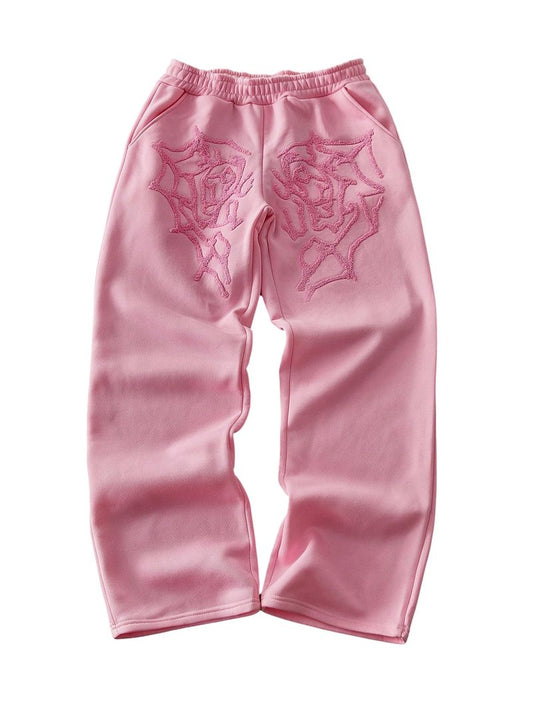 BEAUDRM Men's Y2k Spiderweb Graphic Baggy Sweatpants Elastic Waist Wide Leg Active Track Pants Streetwear Pink Medium
