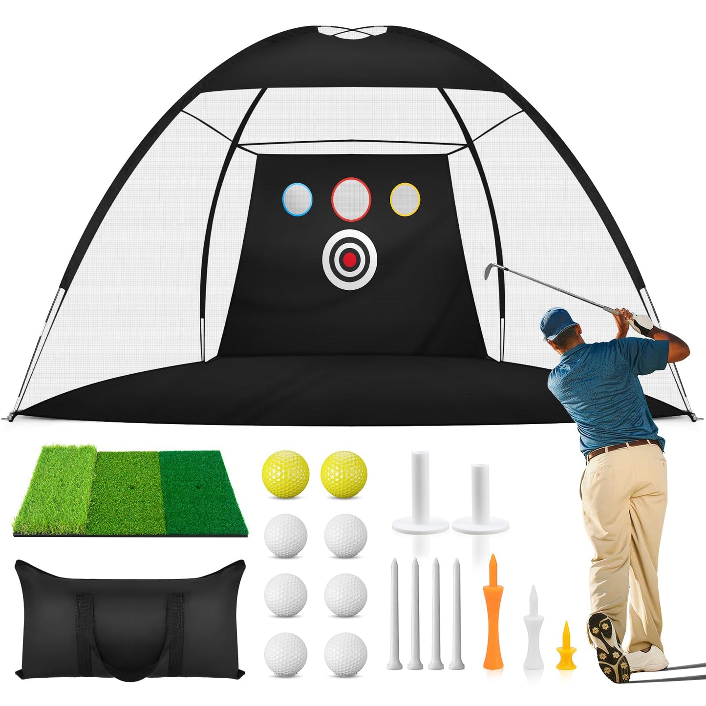 10x7Ft Golf Practice Net, Golf Net for Backyard Driving Real GolfBalls, All in 1 Golf Hitting Nets with Tri-Turf Mat, Impact Target, 10 Balls, 7 Tees, 2 Rubber Tees, Carry Bag