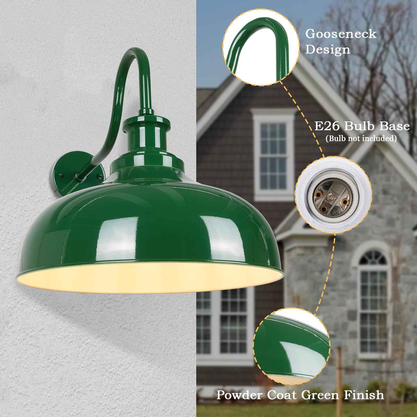 Diyel Outdoor Gooseneck Barn Light, 14 Inch Dome Rustic Outdoor Wall Sconce, Farmhouse Exterior Wall Mount Lighting Fixture, Industrial Green Wall Lantern for Porch, Entryway, Garage, RZ007M GR+WH
