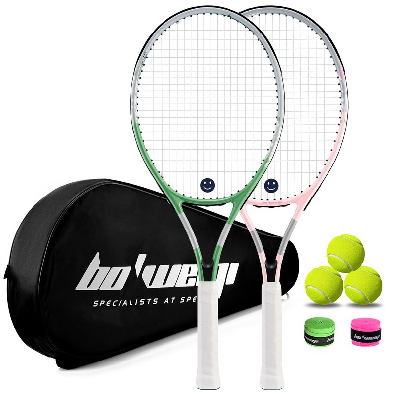 bo'weiqi 27" Tennis Racket Set for Adults 2 Players Lightweight Pre-Strung Tennis Racquets for Beginners, Including 3 Balls, 2 Overgrips, 2 Vibration Dampers and 1 Bag Easy Carry(Green and Pink)