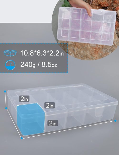 Hlotmeky Plastic Organizer Box - Clear Bead Organizer with 15 Large Grids for Snacks and Crafts