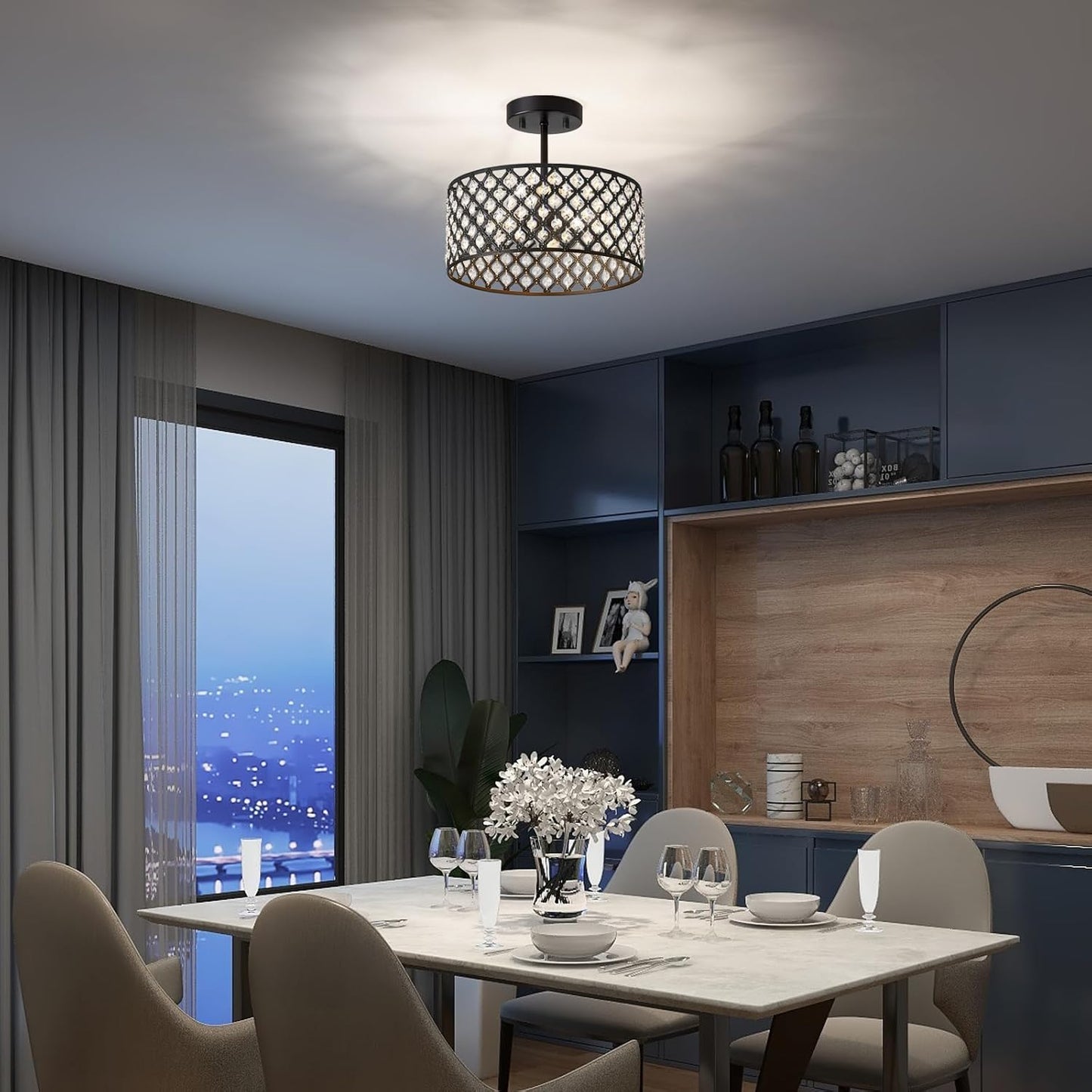 Modern Black Crystal Semi Flush Mount Ceiling Light Fixture - 11.2" Round Chandelier for Dining Room, Hallway, Kitchen & Bedroom