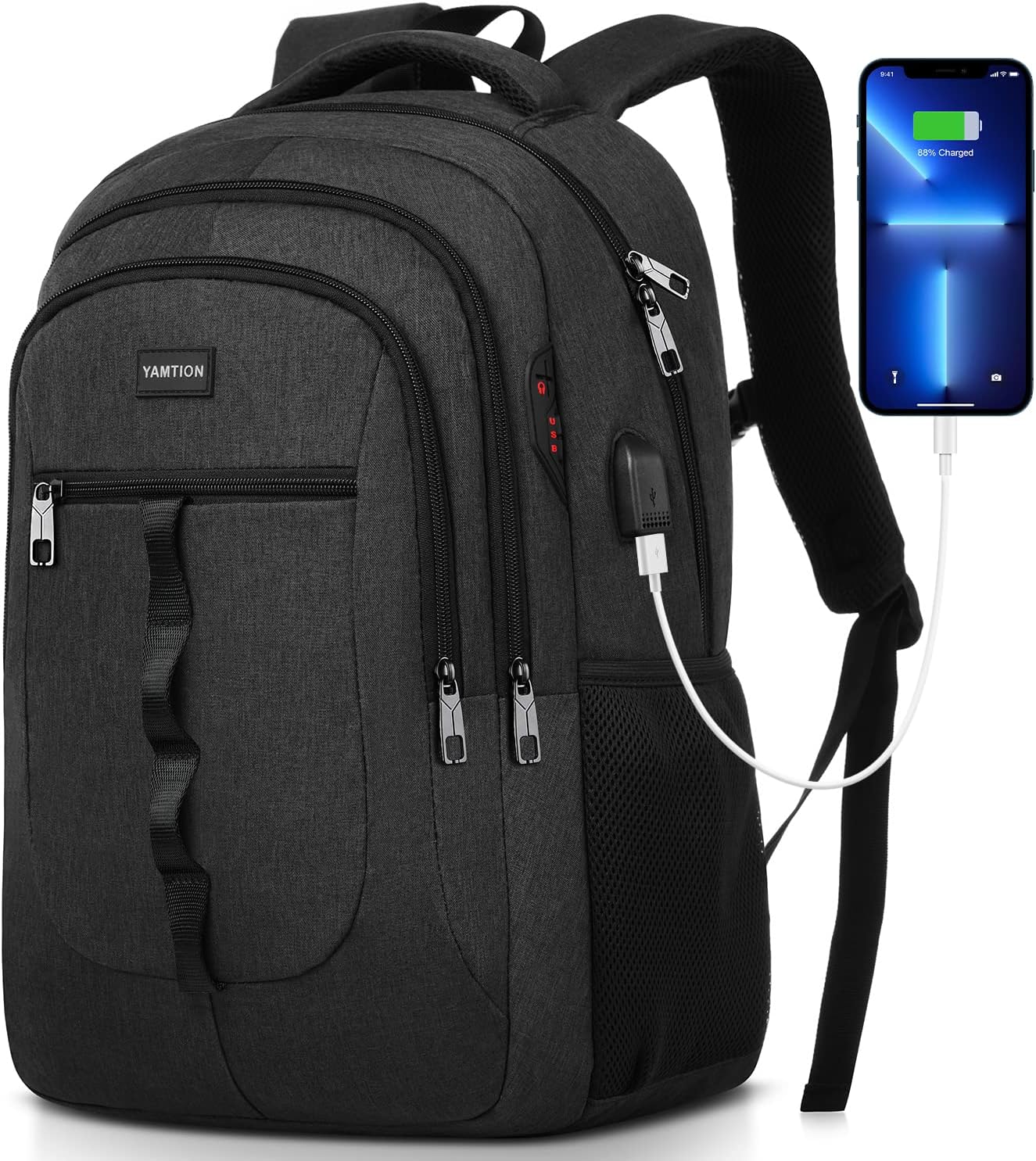 YAMTION Black Backpack - Versatile Laptop Bag with USB Port for School, Work & Travel