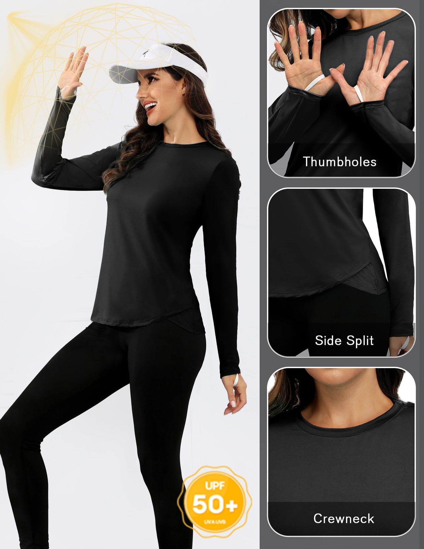 PINSPARK SPF Shirts for Women Long Sleeve Lightweight Hiking Top with Thumbholes Quick Dry Vocation Travel Shirt, Black Large