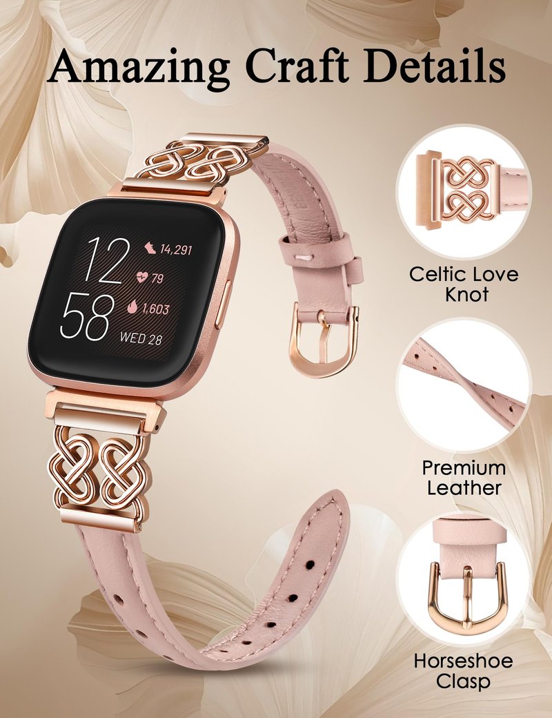 Minyee Leather Band Compatible with Fitbit Versa 2/Fitbit Versa/Versa Lite Bands Women, Dressy Slim Thin Leather Strap with Designer Celtic Heart Knot Buckle for Versa 2 Smartwatch, Pink/Rose Gold