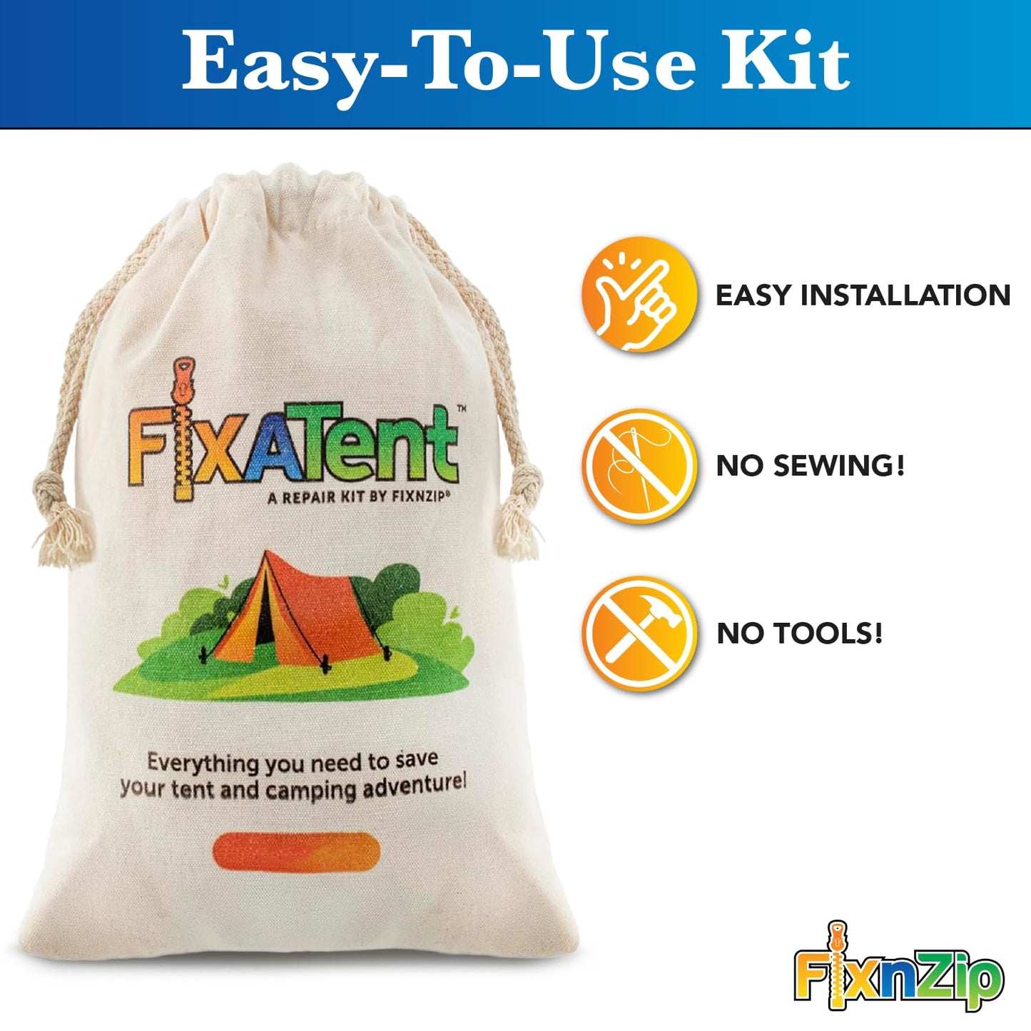FixnZip FixATent Essentials | Complete Tent Repair Kit with Zipper Slider, Pole Splints, Shock Cord, Screen Patches, Duct Tape & Carabiner | All-in-One Camping Gear Repair & Emergency Tent Fix Kit